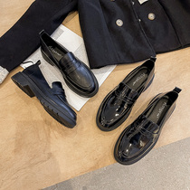 Leather small leather shoes female English style 2021 new spring shoes black thick soled shoes Joker single shoe tide