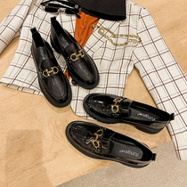 Leather Lofu shoes Womens thick-soled retro English black one-pedal small leather shoes soft leather JK flat spring and autumn single shoes