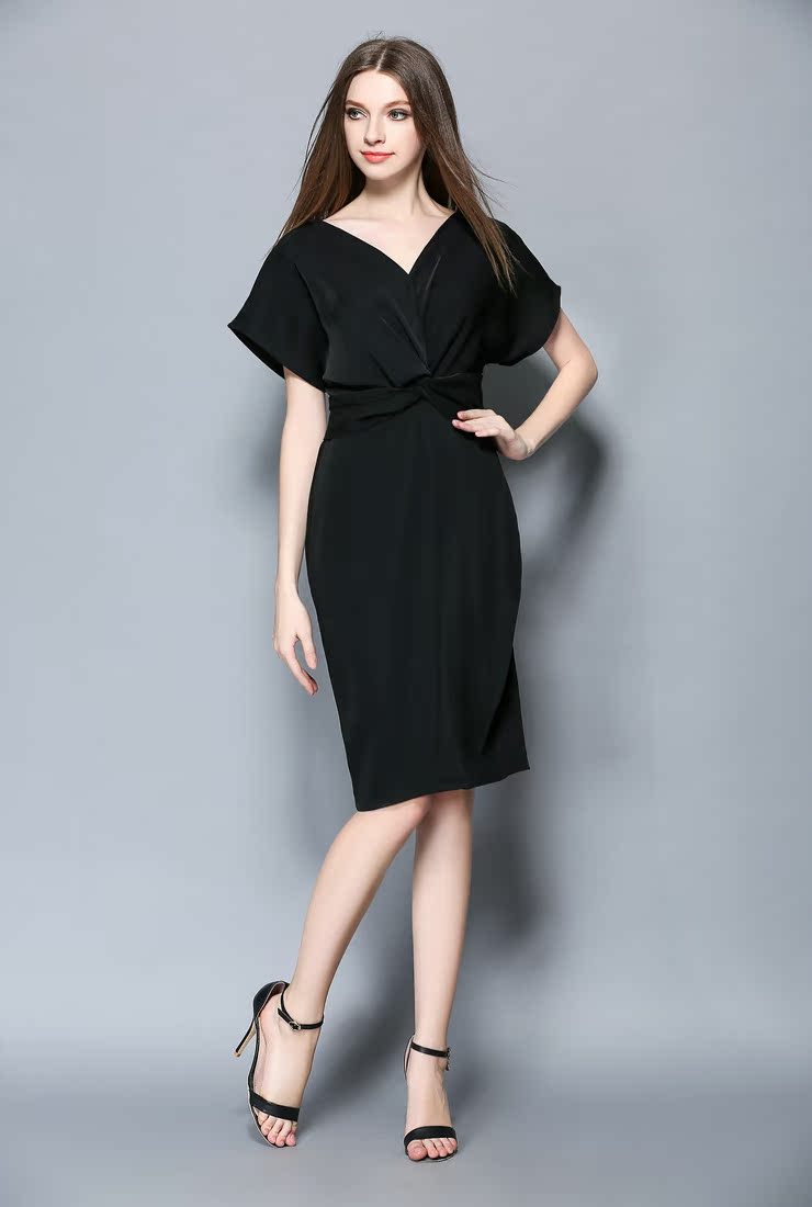 爆款优雅品牌女装前后v领蝙蝠袖欧美大牌高端连衣裙夏中长款礼服91554