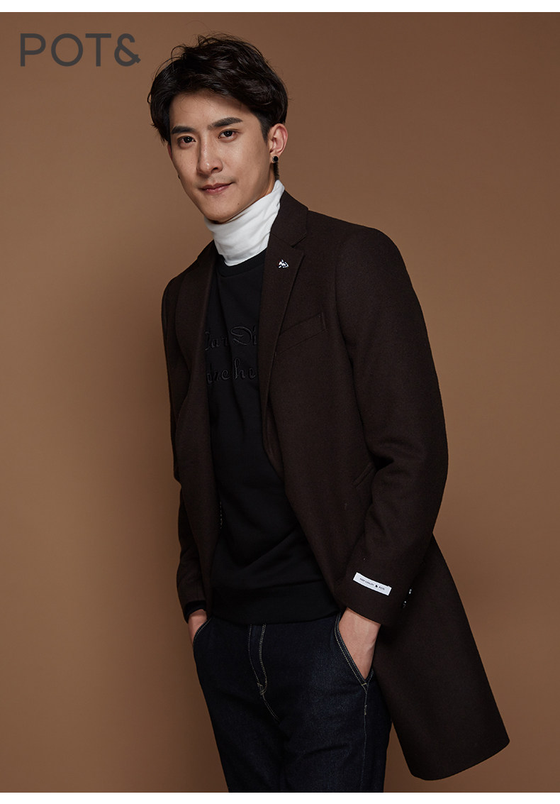 pote拉夏贝尔男装 2017冬季新品时尚休闲中长款羊毛大衣商场同款a