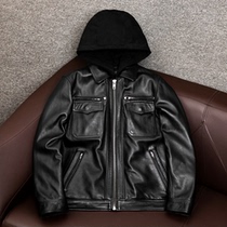 Harley new heavy-weight locomotive clothing detachable Hat Head layer cowhide jacket leather leather jacket mens hooded cotton jacket