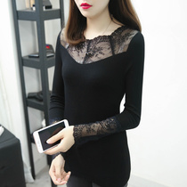 Autumn and winter Korean version plus velvet thickened long-sleeved lace knitwear womens pullover warm knitted bottoming shirt top clothes