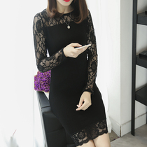 2018 spring and autumn Korean fashion temperament long-sleeved lace knitted dress womens mid-length slim hip bottoming skirt
