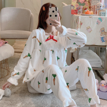 Coral Version Pajamas Winter Han Edition Sweet Lovely Princess Wind Lace thickens flannel warm home suit