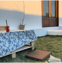 ok holiday*Korean style ins retro blue and white blue rose cotton linen tablecloth desk bed and breakfast decoration hanging cloth