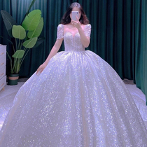 Wedding dress 2021 New Temperament Princess Wind Princess Wind Big Trailing Brief Atmospheric horizontal Shoulder High Sensation Staple Yarn Summer