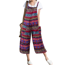 Summer Jumpsuit Women Pockets Print Cotton And Linen Slevel