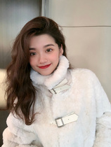2021 new white sweet and cute imitation otter rabbit fur grass coat female motorcycle leather buckle coat medium and long student