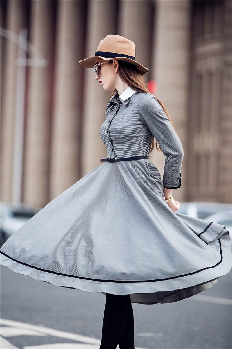 6882#实拍 丹青 秋冬新款复古文艺英伦千鸟格子知性赫本风连衣裙