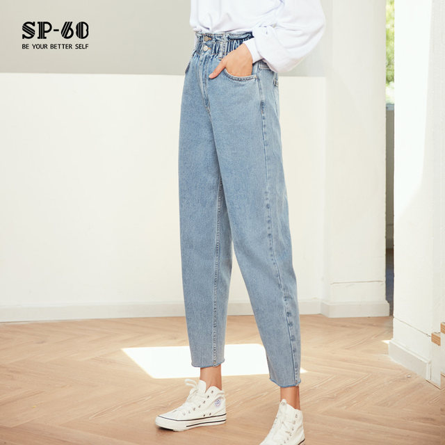 sp68 jeans ແອວສູງສໍາລັບແມ່ຍິງທີ່ມີພາກຮຽນ spring ແອວ elastic ແລະດູໃບໄມ້ລົ່ນ bud ກາງເກງຂາກວ້າງຂາສັ້ນສີແສງສະຫວ່າງ trousers ກົງເບິ່ງກະທັດຮັດ.