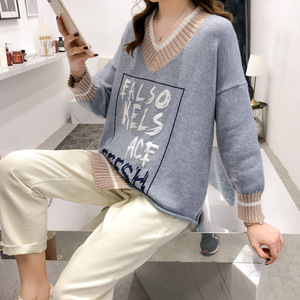 v领毛衣女套头百搭2018秋冬新款宽松韩版长袖慵懒风网红针织衫潮