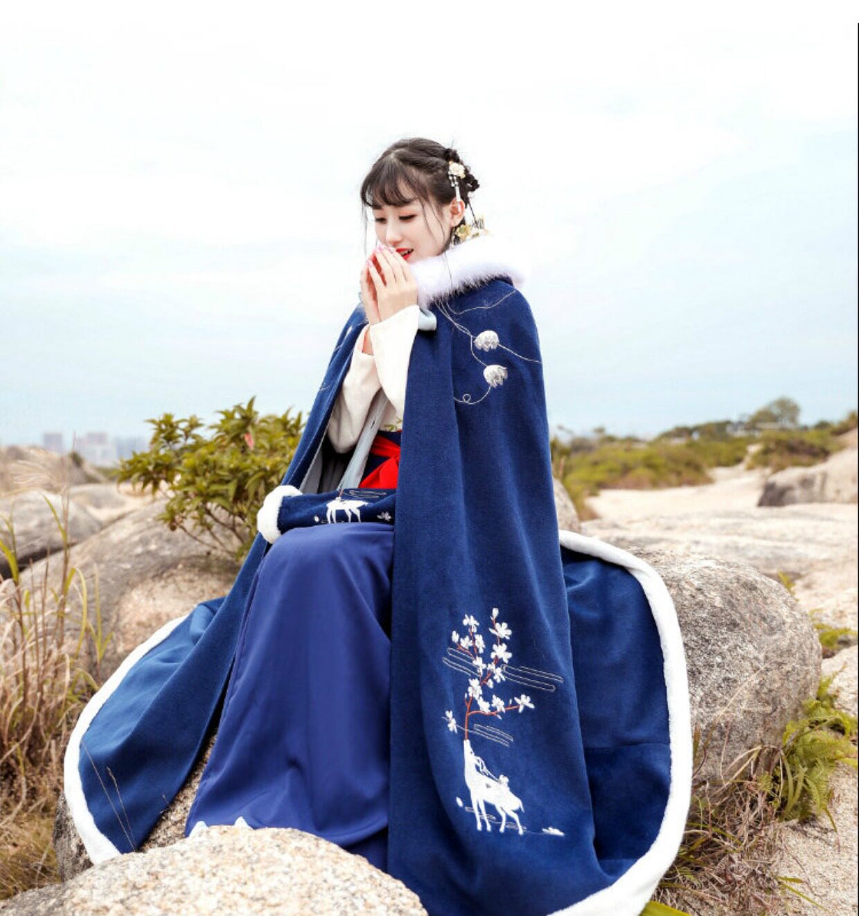 踏云鹿梢-原创汉服长斗篷厚保暖女袄裙日常刺绣呢子披风外套秋冬