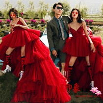 New Shadow Building Themed Clothing Fashion Street Shooting Front Short Rear Long Red Wedding lovers Write a real photo photo gown