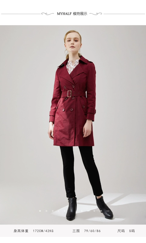 Menhaf thương hiệu phụ nữ đơn giản cổ vuông hai ngực dài giữa dài áo khoác trench coat mỏng hai bên ngực áo khoác đi làm - Trench Coat