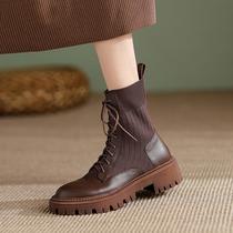 Brown booties women 2021 new autumn and winter plus velvet leather flat socks boots fried Street explosion style English Martin boots