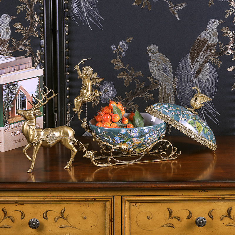 Furnishing articles household act the role ofing is tasted high - grade copper with porcelain deer cart store content box cover European American villa living room porch decoration