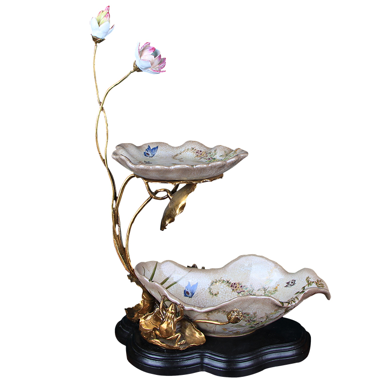 Chinese fruit bowl sitting room double lotus ceramics with copper Europe type tea table decoration home decoration key-2 luxury furnishing articles