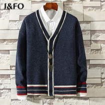 Spring and autumn Korean V-neck knitted cardigan mens college style personality trend wear thick sweater jacket loose large size