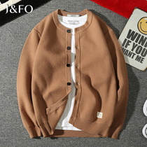 Spring and autumn Japanese retro knitted cardigan mens round neck velvet thickened sweater jacket Korean version of the trend mens clothing line