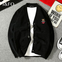 Black Chenille sweater mens v-neck trend sweater cardigan outside the spring and autumn Korean version of embroidery sweater jacket