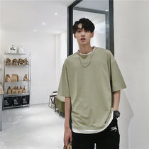 Hong Kong Wind Fake Two Pieces Splice Short Sleeve T-shirt Mens 2020 Summer New Loose Joker Casual Half Sleeve Solid Color Top