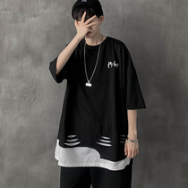 t-shirt male and half short sleeve boomer fake two ports wind breaking hole hip hop high street loose tide irregular blouse