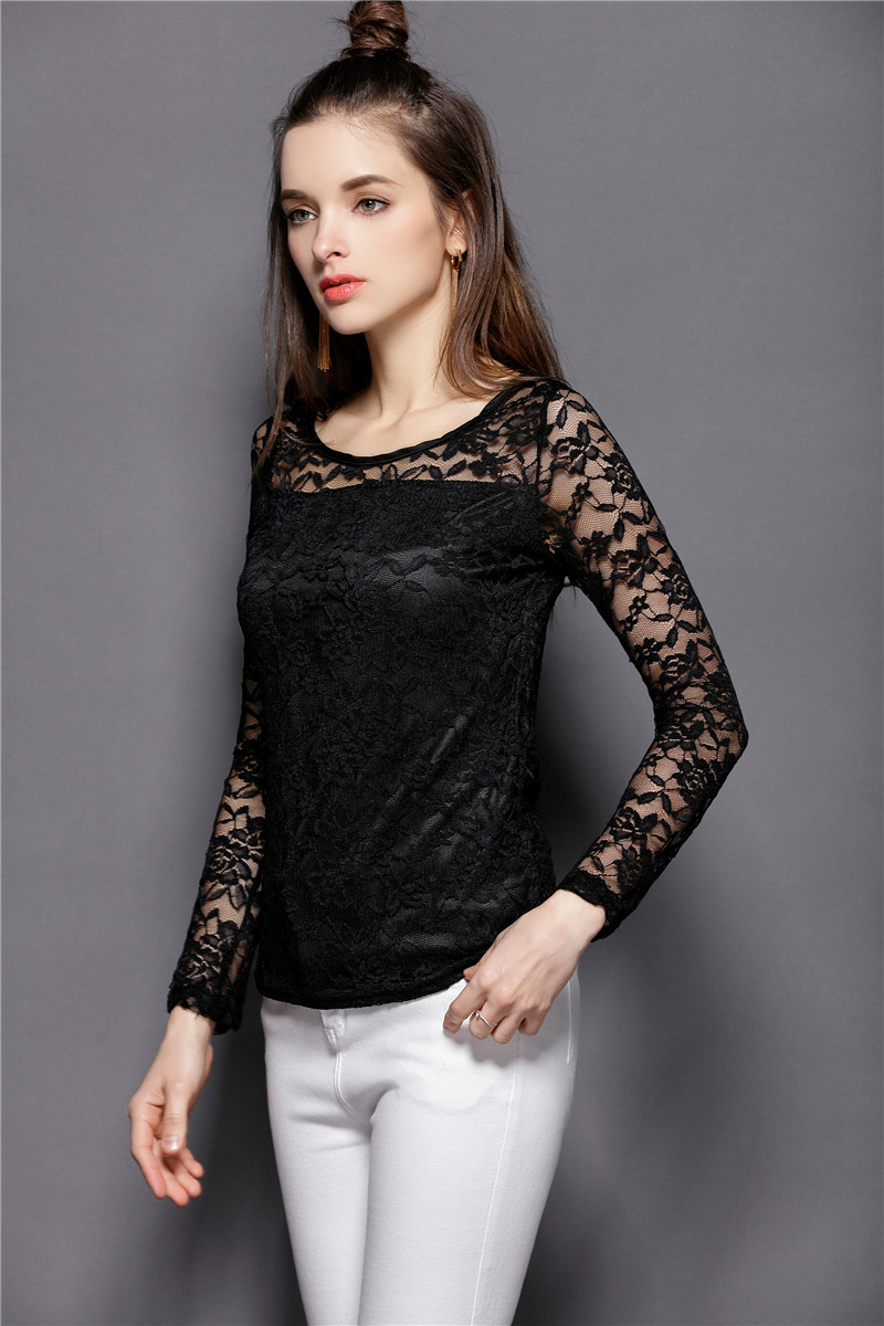实拍8095#春夏新圆领镂空蕾丝衫长袖打底衫修身显瘦女士t恤小衫