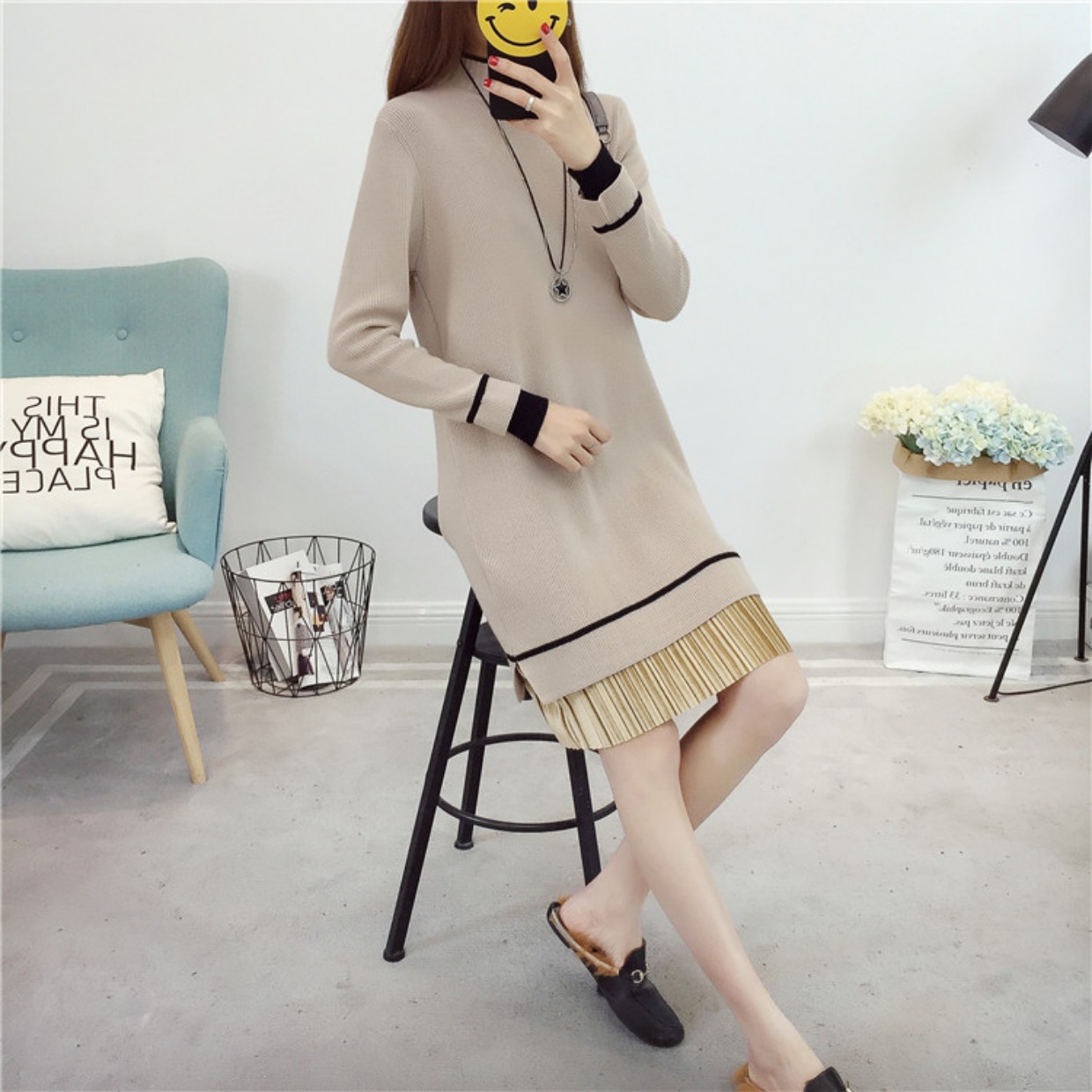 中长款套头宽松毛衣裙女冬加厚打底衫假两件过