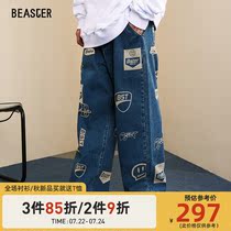 BEASTER little devil smiley pants printed wild personality trend loose old simple fashion jeans
