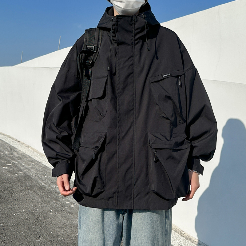 冲锋衣男春秋款户外机能开衫连帽外套日系潮牌宽松多口袋工装夹克