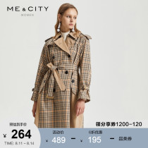 MECITY womens new fashion retro check stitching design belt mid-length lapel windbreaker jacket