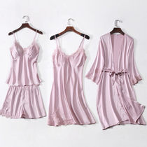 Ice silk pajamas womens spring and autumn new sexy suspender night dress thin nightgown five-piece home suit trousers suit summer