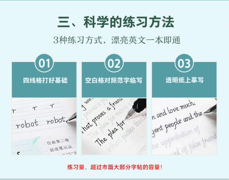三、科学的练习方法3种练习方式,漂亮英文一本即通010203四线格打好基础空白格对照范字临写透明纸上摹写robot robot位居第二格笔出练习量,超过市面大部分字帖的容量!-推好价 | 品质生活 精选好价
