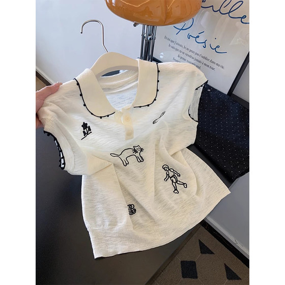 Cartoon embroidered white polo neck sweater short sleeve T-shirt women's short top summer thin light luxury high-end feeling
Cartoon embroidered white polo neck sweater short sleeve T-shirt women's short top summer thin light luxury high-end feeling