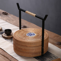 Vietnam rattan wrought iron basket food box round with lid tea set storage box tea cake box bamboo fruit basket snack box
