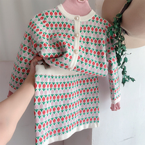 South Korea Imported Child Clothing Girl 2021 Autumn Clothing Online Red Ocean Gas Trendy Small Fragrant Wind Knit Suit Sweater Two-piece Set