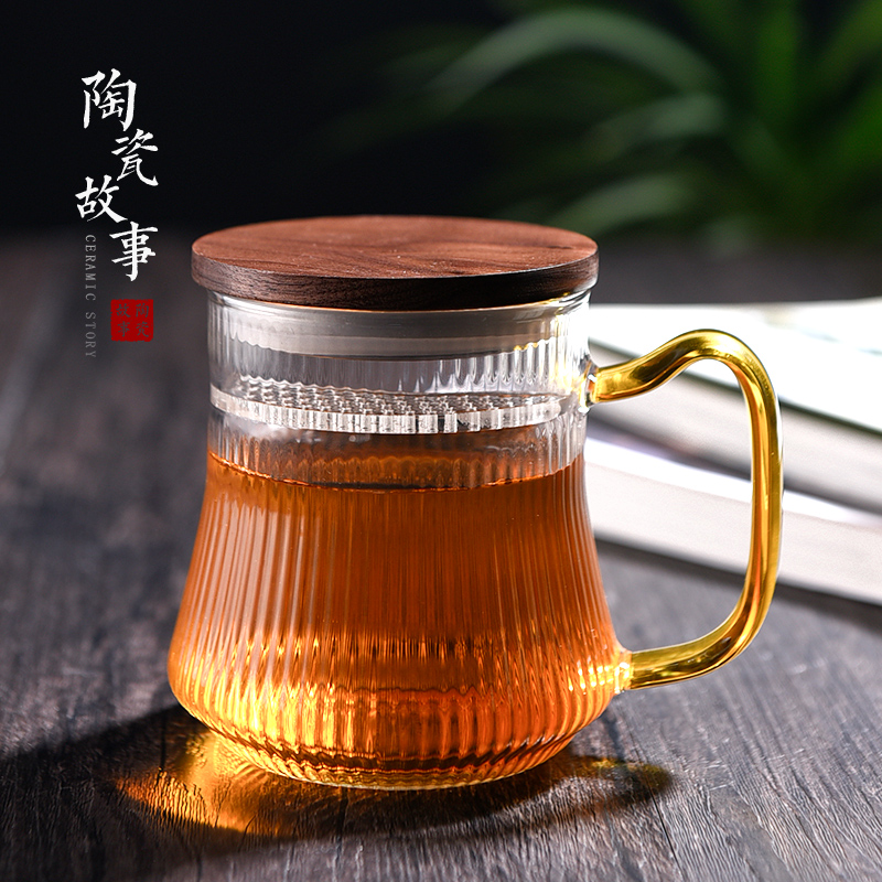 Ceramic tea story separation brew glass tea cup of high capacity thickening filtration crescent cup with cover glass