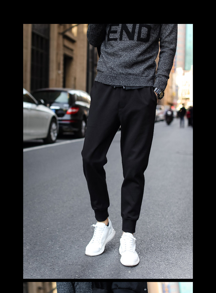 韩版男女班服春秋休闲束脚裤加绒哈伦小脚情侣长裤学生纯纯色九分