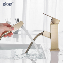 Hesen bathroom basin pull-out faucet all copper under the basin single hole hot and cold faucet brass brushed gold