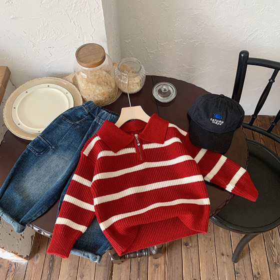 Children's lapel striped thickened sweater for boys and girls 2025 winter baby red zipper collar thread children's knitted sweater Children's lapel striped thickened sweater for boys and girls 2025 winter baby red zipper collar thread children's knitted sweater