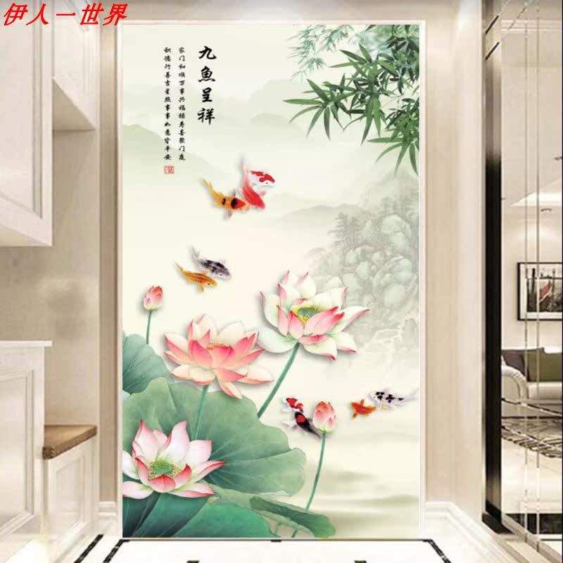 中式玄关壁纸竖版九鱼图竹子壁画8d立体荷花走廊过道装饰背景墙纸