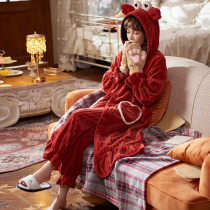 Princess Marc Pajamas Womens Autumn and Winter Coral Flintel Padded Flannel Red Long Nightdress Hooded Nightdress