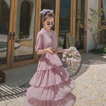 Sandro Moscoloni Summer new snow spinning cake dresses with a V collar for a sweet and pink one-piece dress