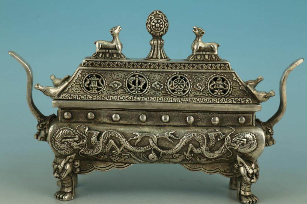 古玩杂项 铜鎏银 银器 双龙戏珠 香炉家居装饰摆件 收藏品礼品_7折