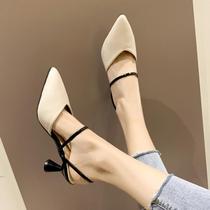 2019 new slippers female outdoor wear dual-use wild pointed stiletto heel black and white Western style striped personality half slippers