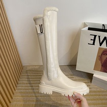 2020 new leather white boots womens high snow boots thick soled plus velvet warm hair boots large size womens boots