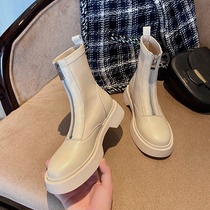 Baer charm leather beige boots 2021 New front zipper slim boots thick soled Martin boots plus velvet boots