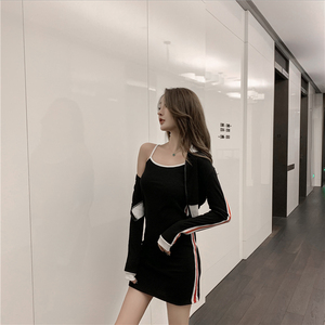 Fashion casual cardigan jacket foreign style waist closing temperament sexy suspender hip two piece set