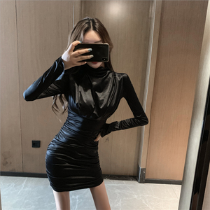 Simple solid color slim fit and all kinds of bottoms hip skirt fashionable Long Sleeve Dress