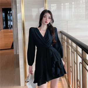 V-neck waist Satin Ruffle Lace Long Sleeve Dress